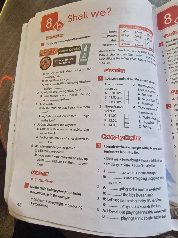 Use the signs to complete the exchanges.