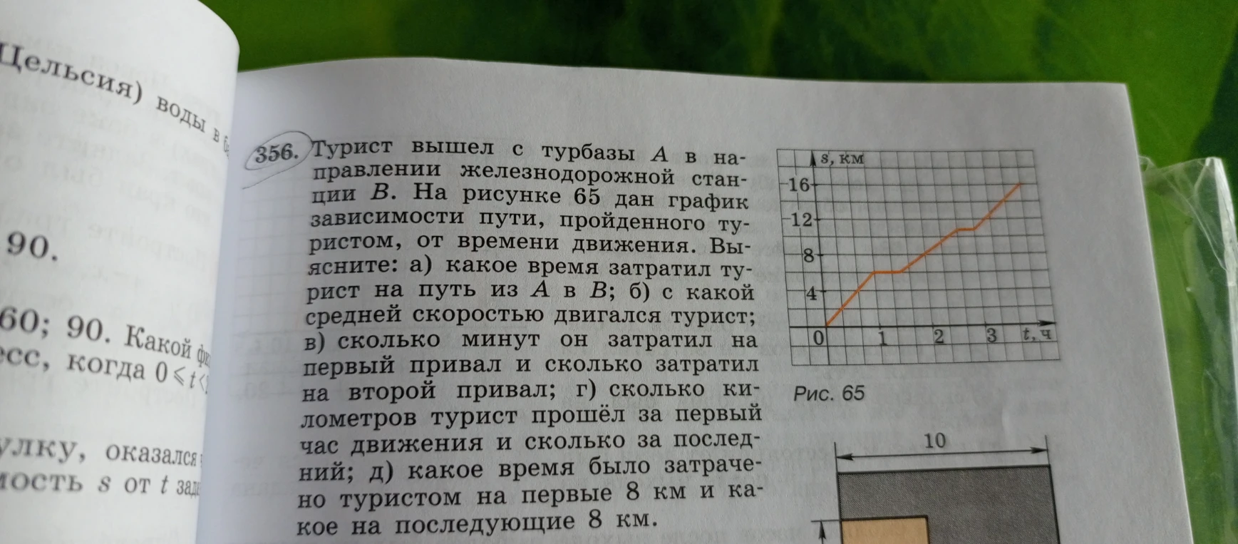 Турист вышел с турбазы А в направлении железнодорожной станции В. На рисунке 65 дан график зависимости пути, пройденного туристом, от времени движения. Выясните: а) какое время затратил турист на путь из А в В; б) с какой средней скоростью двигался турист; в) сколько минут он затратил на первый привал и сколько затратил на второй привал; г) сколько километров турист прошёл за первый час движения и сколько за последний час движения; д) какое время было затрачено туристом на первые 8 км и какое на последующие 8 км.