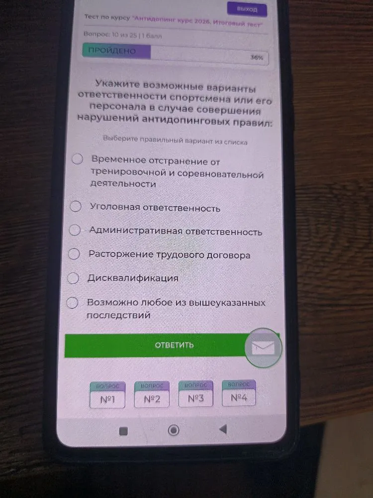 Укажите возможные варианты ответственности спортсмена или его персонала в случае совершения нарушений антидопинговых правил: