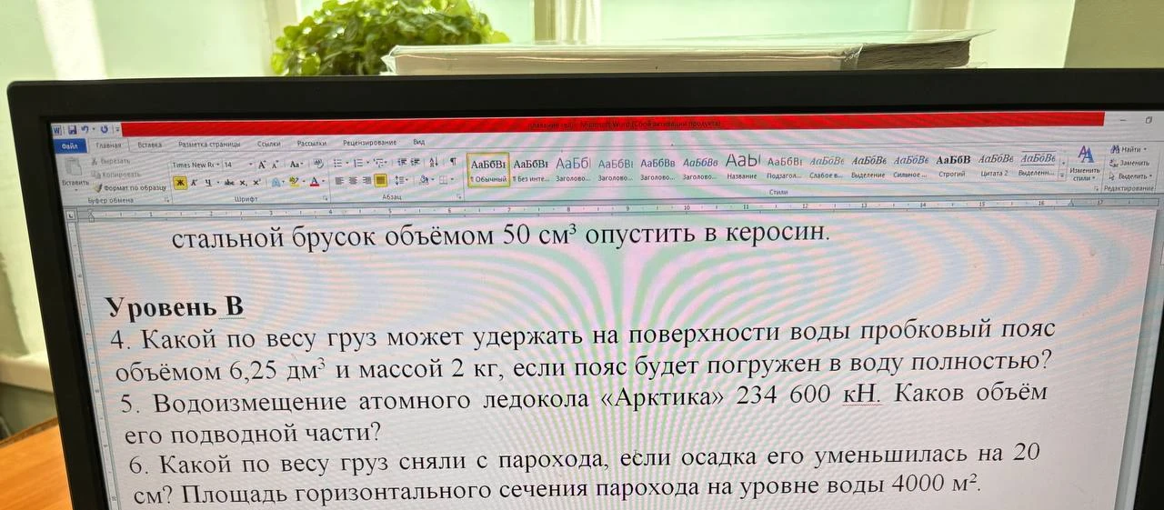 4. Какой по весу груз может удержать на поверхности воды пробковый пояс объёмом 6,25 дм³ и массой 2 кг, если пояс будет погружен в воду полностью?