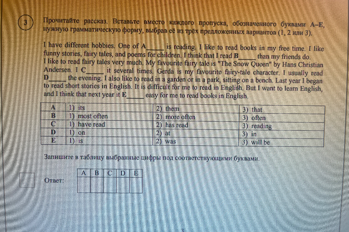 Прочитайте рассказ. Вставьте вместо каждого пропуска, обозначенного буквами A-E, нужную грамматическую форму, выбрав её из трёх предложенных вариантов (1, 2 или 3).