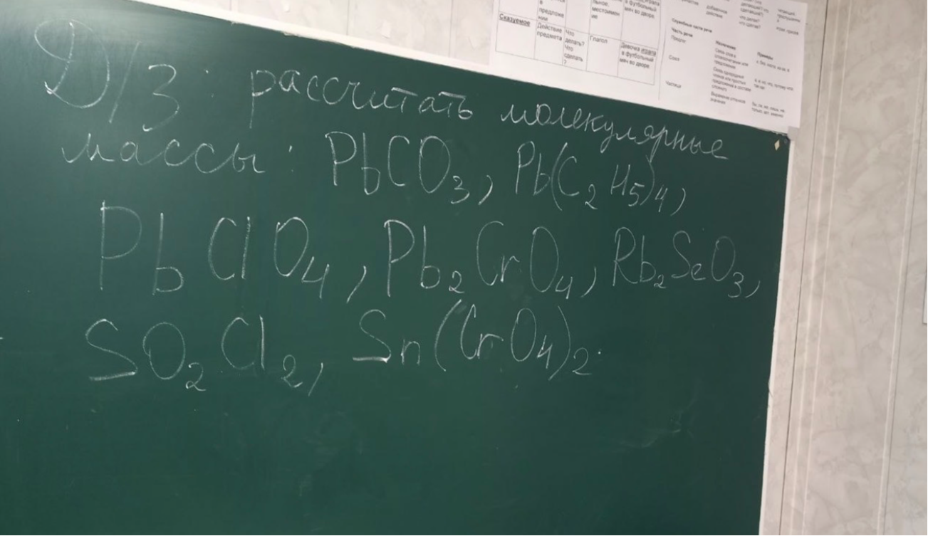 Д/З: рассчитать молекулярные массы: PbCO3, Pb(C2H5)4, PbClO4, Pb2CrO4, Rb2SeO3, SO2Cl2, Sn(CrO4)2.