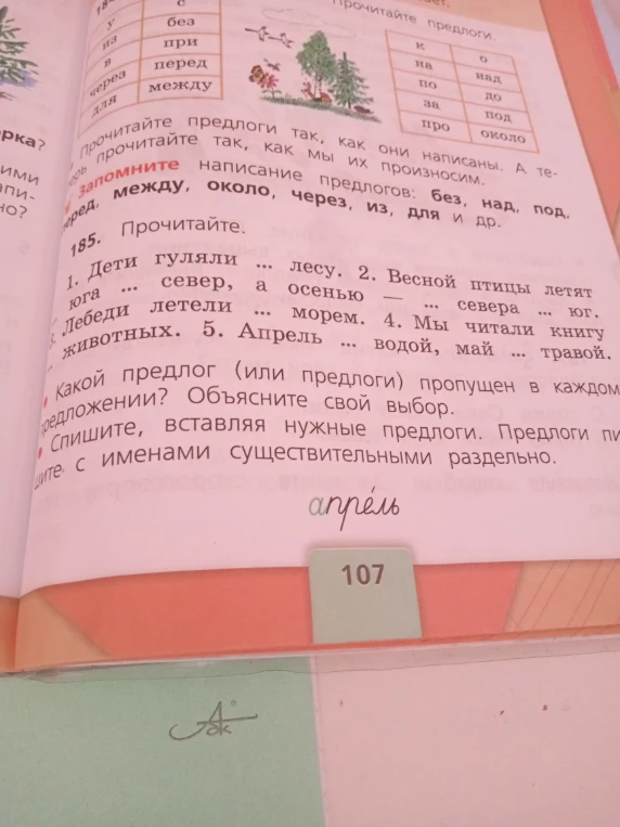 185. Прочитайте. 1. Дети гуляли ... лесу. 2. Весной птицы летят ... юга ... север, а осенью — ... севера ... юг. 3. Лебеди летели ... морем. 4. Мы читали книгу ... животных. 5. Апрель ... водой, май ... травой.