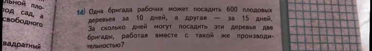14) Одна бригада рабочих может посадить 600 плодовых деревьев за 10 дней, а другая — за 15 дней. За сколько дней могут посадить эти деревья две бригады, работая вместе с такой же производительностью?