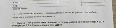 1) Осевое сечение цилиндра — квадрат, диагональ которого равна 4. Найти объем цилиндра и площадь полной поверхности.