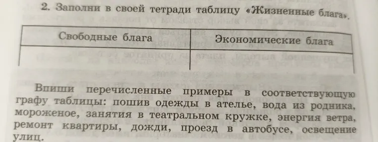 Заполни в своей тетради таблицу «Жизненные блага».