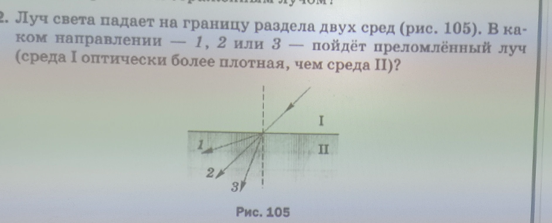 Луч света падает на границу раздела двух сред (рис. 105). В каком направлении — 1, 2 или 3 — пойдёт преломлённый луч (среда I оптически более плотная, чем среда II)?