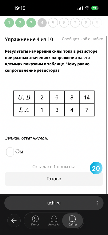 Результаты измерения силы тока в резисторе при разных значениях напряжения на его клеммах показаны в таблице. Чему равно сопротивление резистора?