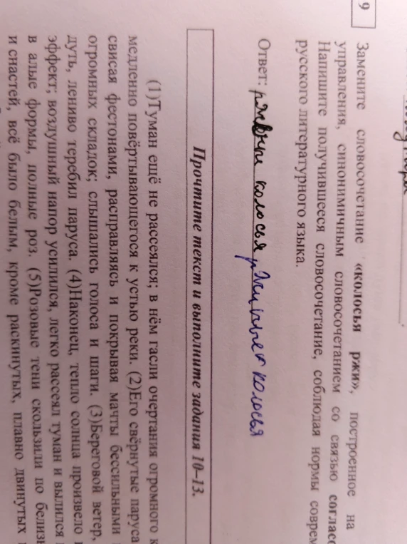 Замените словосочетание «колосья ржи», построенное на управлении, синонимичным словосочетанием со связью согласование.
