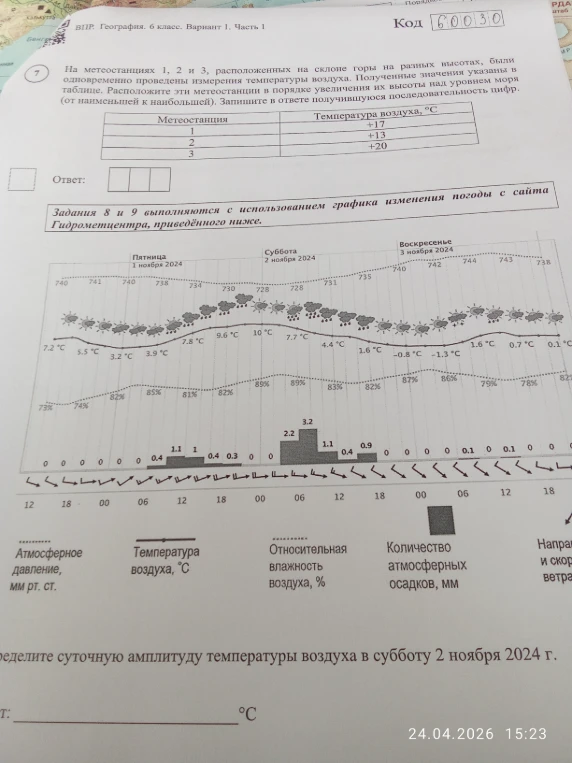 На метеостанциях 1, 2 и 3, расположенных на склоне горы на разных высотах, были одновременно проведены измерения температуры воздуха. Полученные значения указаны в таблице. Расположите эти метеостанции в порядке увеличения их высоты над уровнем моря (от наименьшей к наибольшей).