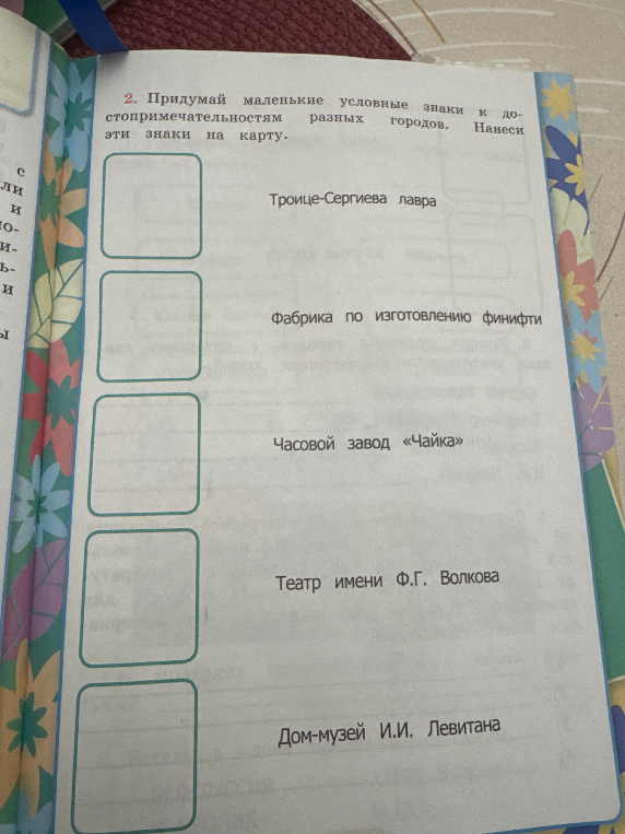 Придумай маленькие условные знаки к достопримечательностям разных городов. Нанеси эти знаки на карту.
