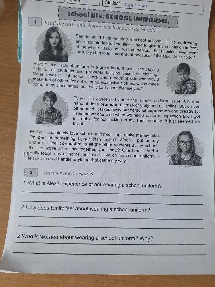 1 What is Alex's experience of not wearing a school uniform?