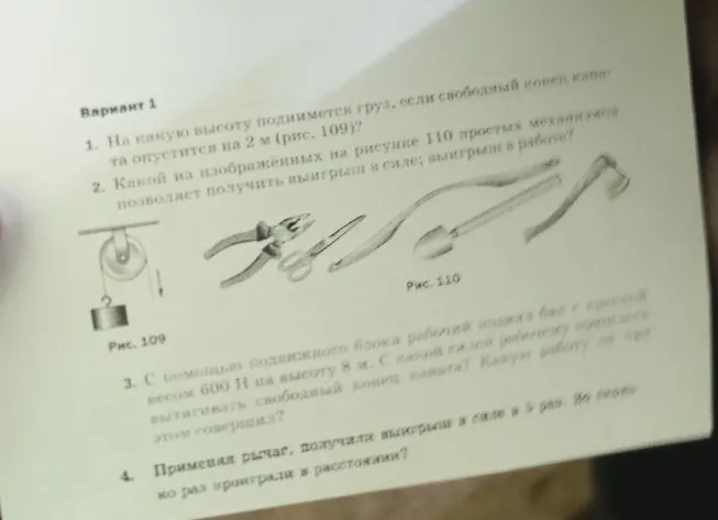 На какую высоту поднимется груз, если свободный конец каната опустится на 2 м (рис. 109)?