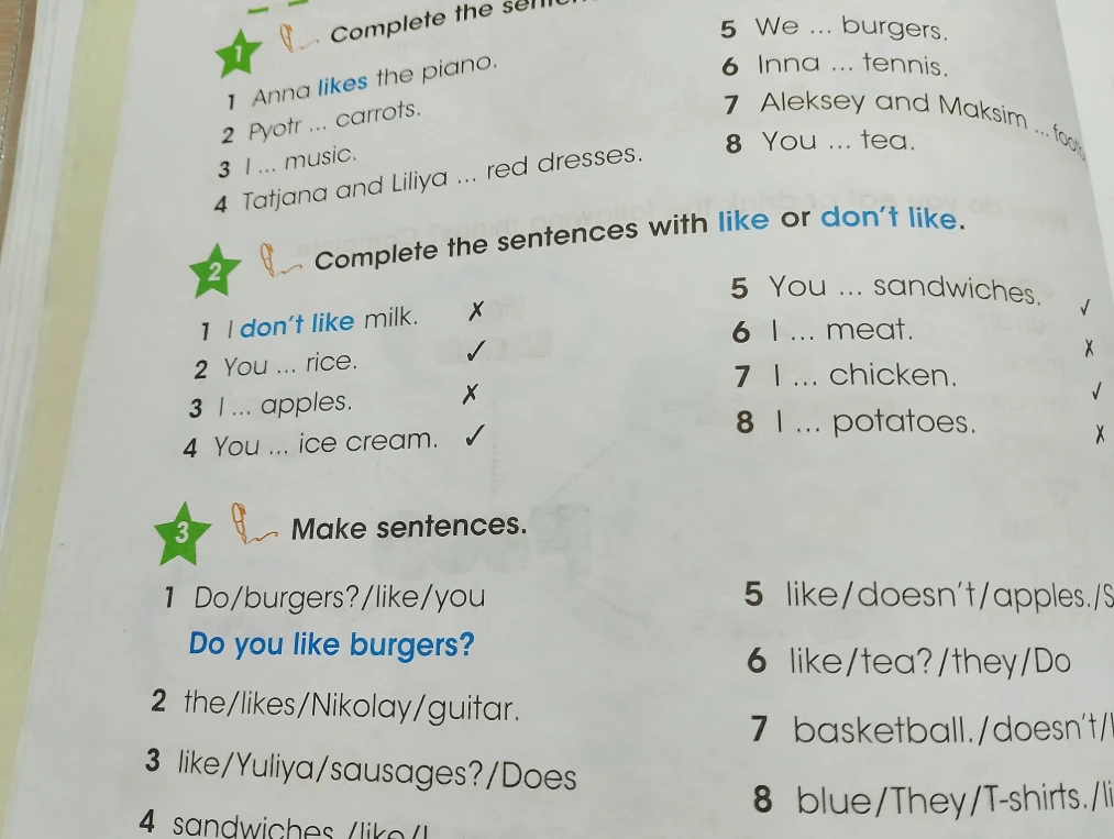 Complete the sentences. Complete the sentences with like or don't like. Make sentences.