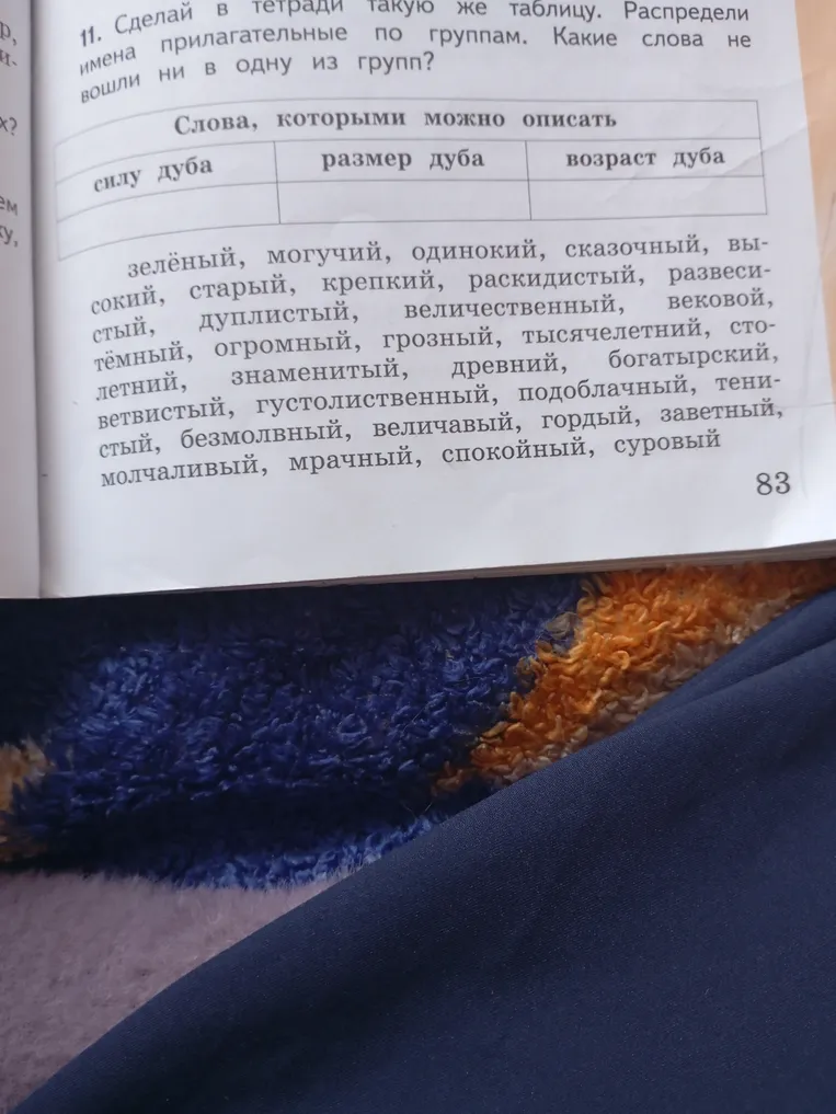 11. Сделай в тетради такую же таблицу. Распредели имена прилагательные по группам. Какие слова не вошли ни в одну из групп?