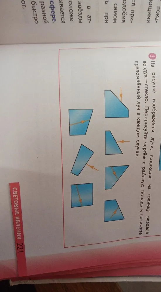 На рисунке изображены лучи, падающие на границу раздела воздух-стекло. Перерисуйте чертёж в рабочую тетрадь и покажите преломлённый луч в каждом случае.