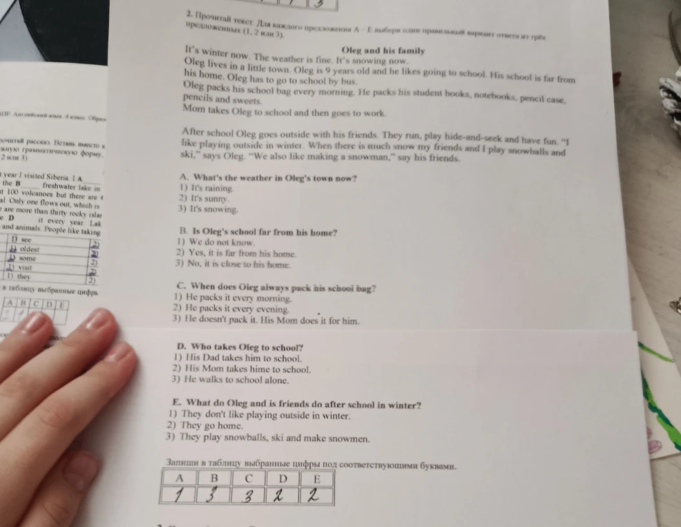 Прочитай текст. Для каждого предложения A-E выбери один правильный вариант ответа из трех предложенных (1, 2 или 3).