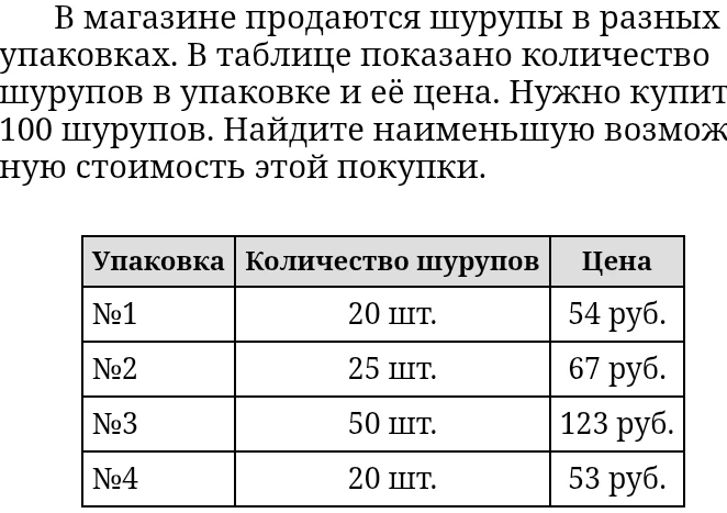 В магазине продаются шурупы в разных упаковках. В таблице показано количество шурупов в упаковке и её цена. Нужно купить 100 шурупов. Найдите наименьшую возможную стоимость этой покупки.
