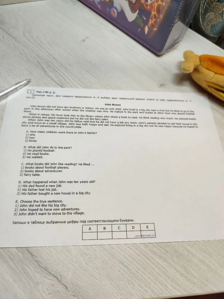 Прочитай текст. Для каждого предложения A-E выбери один правильный вариант ответа из трёх предложенных (1, 2 или 3).