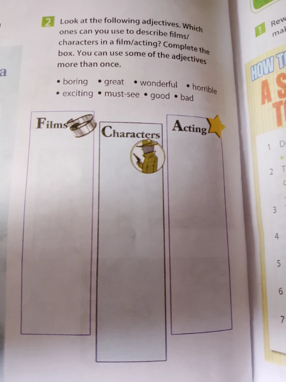 Look at the following adjectives. Which ones can you use to describe films/ characters in a film/acting? Complete the box. You can use some of the adjectives more than once.