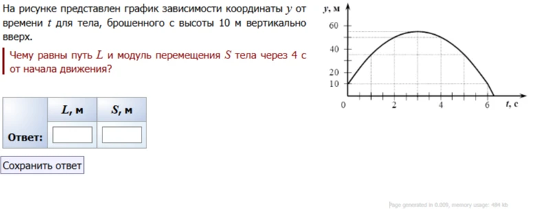 На рисунке представлен график зависимости координаты y от времени t для тела, брошенного с высоты 10 м вертикально вверх. Чему равны путь L и модуль перемещения S тела через 4 с от начала движения?