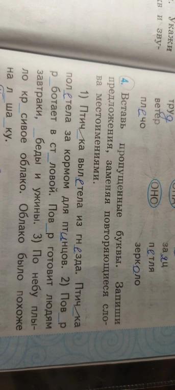 4. Вставь пропущенные буквы. Запиши предложения, заменяя повторяющиеся слова местоимениями.