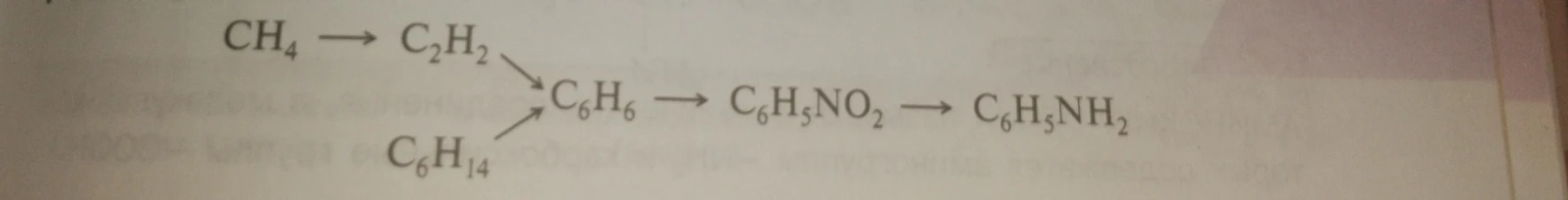 CH4 -> C2H2 -> C6H6 -> C6H5NO2 -> C6H5NH2