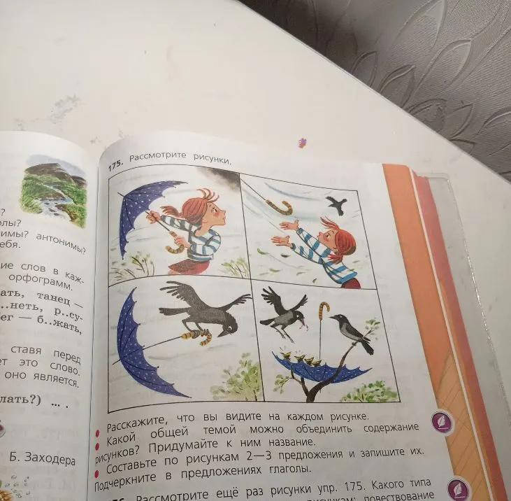 175. Рассмотрите рисунки. Расскажите, что вы видите на каждом рисунке. Какой общей темой можно объединить содержание рисунков? Придумайте к ним название.
