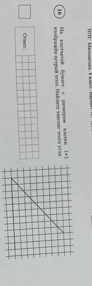 На клетчатой бумаге с размером клетки 1x1 изображён острый угол. Найдите тангенс этого угла.