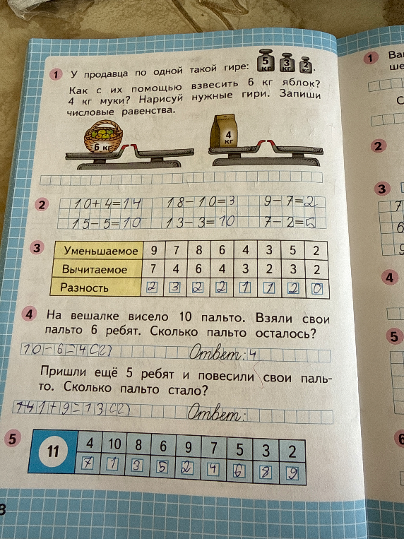 У продавца по одной такой гире 5 кг, 3 кг, 2 кг. Как с их помощью взвесить 6 кг яблок? 4 кг муки?