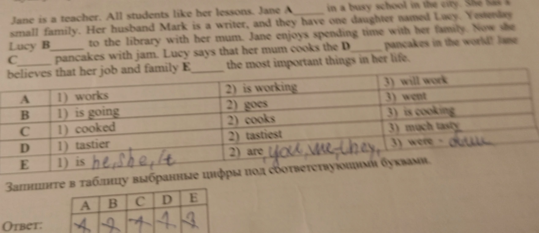 Jane is a teacher. All students like her lessons. Jane A ___ in a busy school in the city.