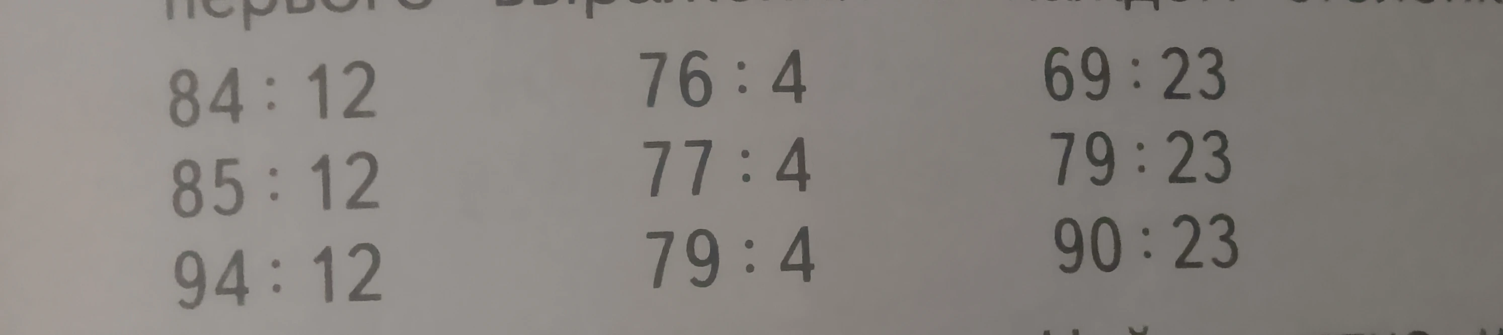 84 : 12, 85 : 12, 94 : 12, 76 : 4, 77 : 4, 79 : 4, 69 : 23, 79 : 23, 90 : 23