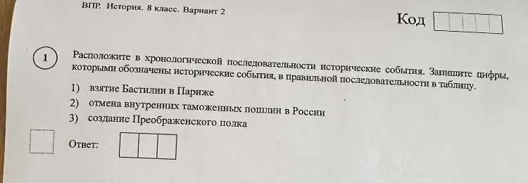 Расположите в хронологической последовательности исторические события. Запишите цифры, которыми обозначены исторические события, в правильной последовательности в таблицу.