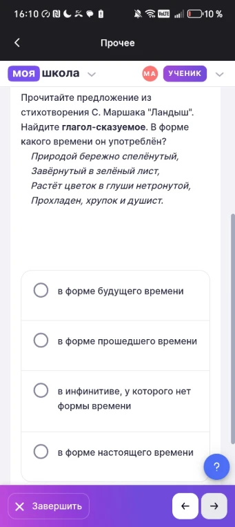 Прочитайте предложение из стихотворения С. Маршака "Ландыш". Найдите глагол-сказуемое. В форме какого времени он употреблён?