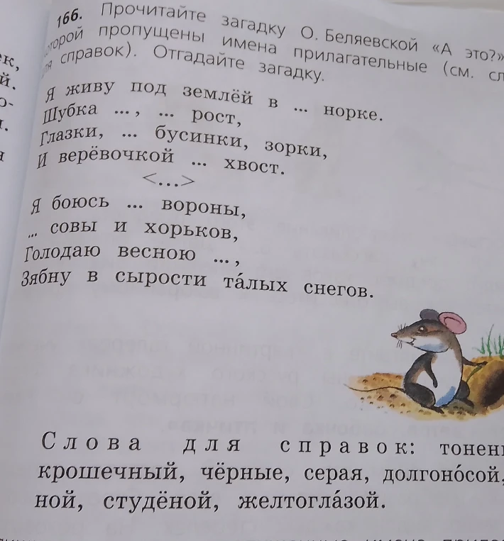 166. Прочитайте загадку О. Беляевской «А это?» в которой пропущены имена прилагательные (см. слова для справок). Отгадайте загадку.