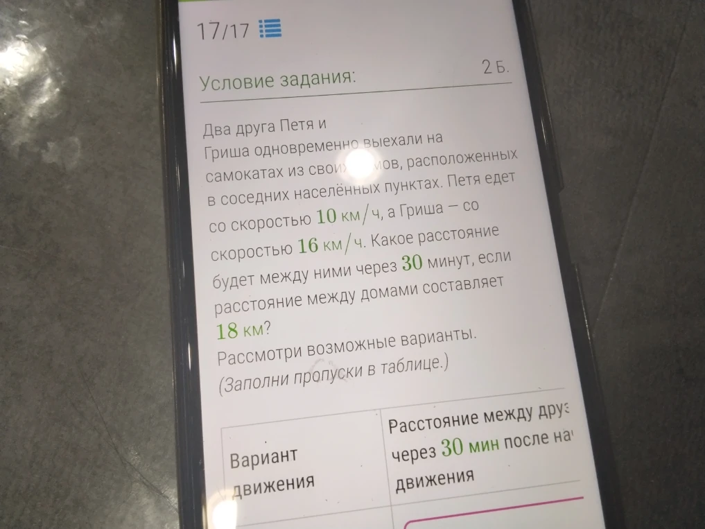 Два друга Петя и Гриша одновременно выехали на самокатах из своих домов, расположенных в соседних населённых пунктах. Петя едет со скоростью 10 км/ч, а Гриша — со скоростью 16 км/ч. Какое расстояние будет между ними через 30 минут, если расстояние между домами составляет 18 км?