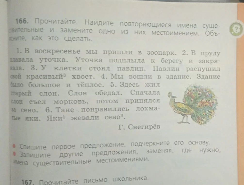 166. Прочитайте. Найдите повторяющиеся имена существительные и замените одно из них местоимением. Объясните, как это сделать.