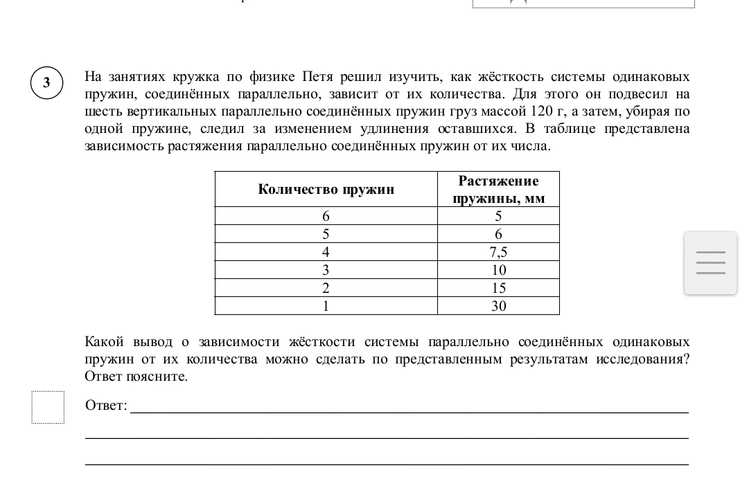 На занятиях кружка по физике Петя решил изучить, как жёсткость системы одинаковых пружин, соединённых параллельно, зависит от их количества.