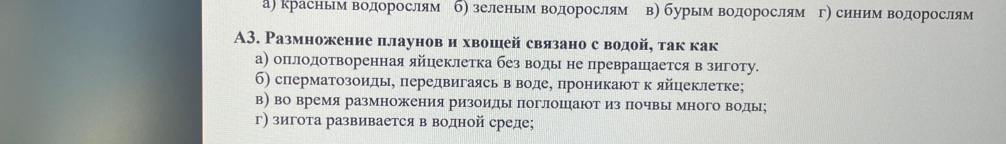 А3. Размножение плаунов и хвощей связано с водой, так как