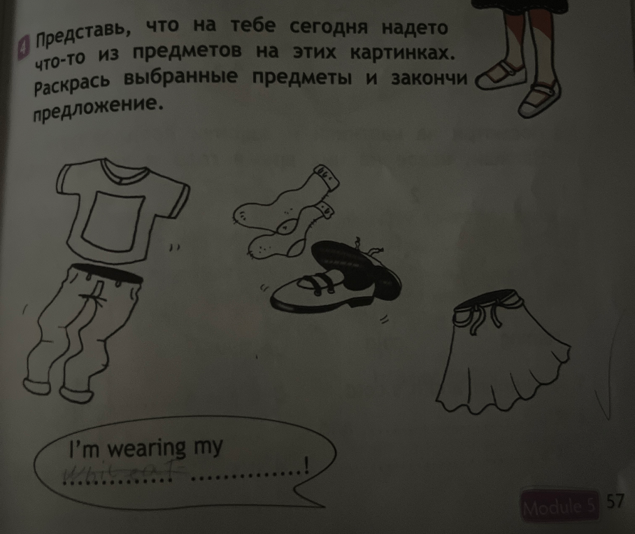 Представь, что на тебе сегодня надето что-то из предметов на этих картинках. Раскрась выбранные предметы и закончи предложение.