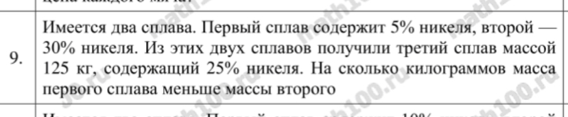 Имеется два сплава. Первый сплав содержит 5% никеля, второй — 30% никеля. Из этих двух сплавов получили третий сплав массой 125 кг, содержащий 25% никеля. На сколько килограммов масса первого сплава меньше массы второго