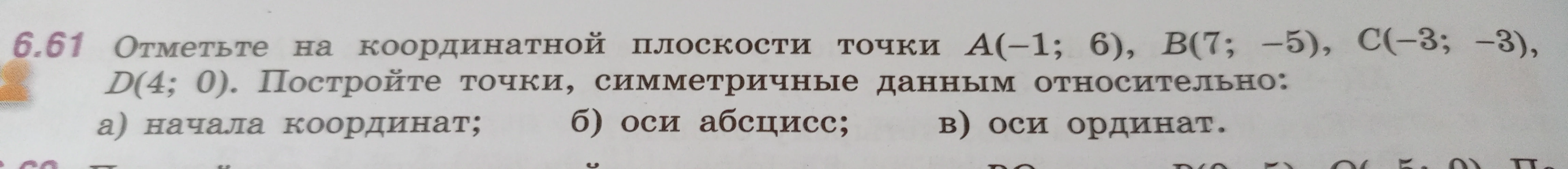 Отметьте на координатной плоскости точки A(-1; 6), B(7; -5), C(-3; -3), D(4; 0). Постройте точки, симметричные данным относительно: а) начала координат; б) оси абсцисс; в) оси ординат.