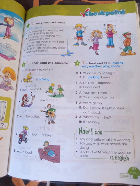 Look, read and complete. What are they doing?