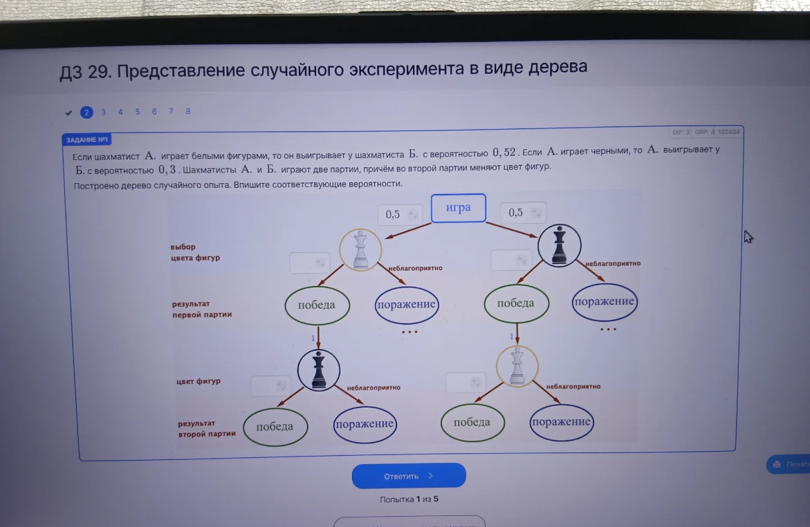 Если шахматист А. играет белыми фигурами, то он выигрывает у шахматиста Б. с вероятностью 0,52. Если А. играет черными, то А. выигрывает у Б. с вероятностью 0,3. Шахматисты А. и Б. играют две партии, причём во второй партии меняют цвет фигур. Построено дерево случайного опыта. Впишите соответствующие вероятности.
