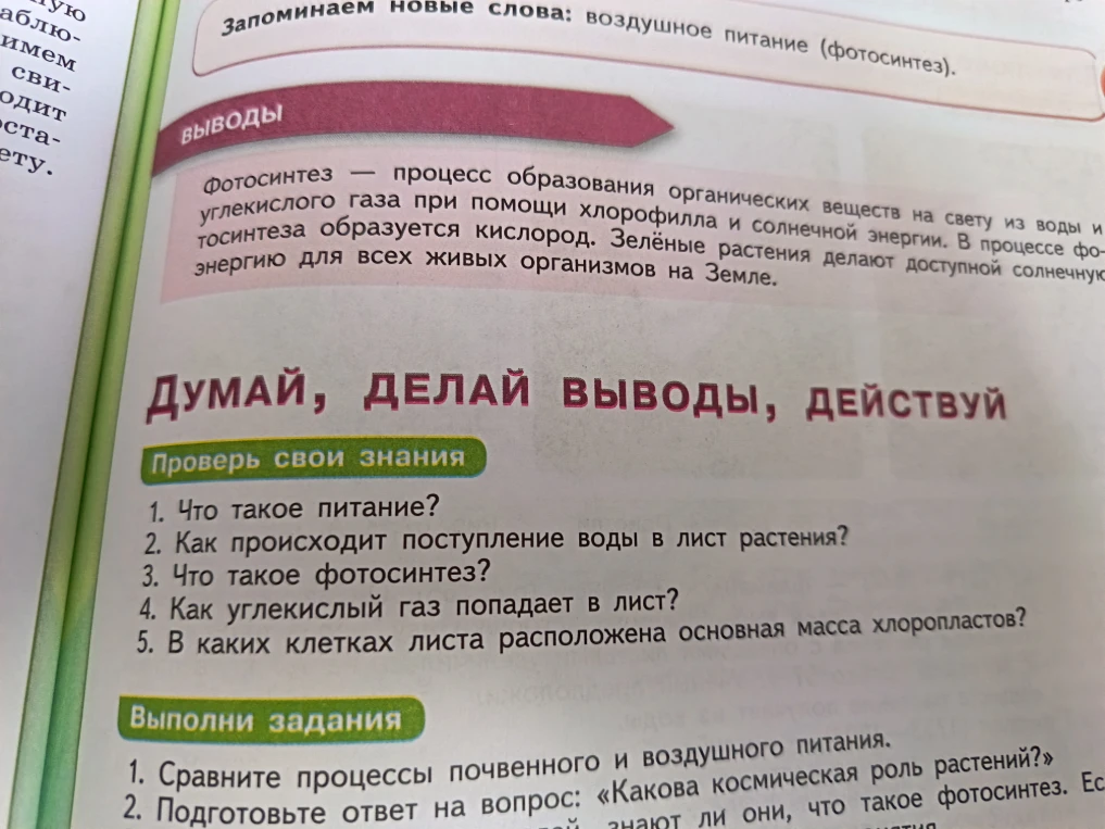 1. Что такое питание? 2. Как происходит поступление воды в лист растения? 3. Что такое фотосинтез? 4. Как углекислый газ попадает в лист? 5. В каких клетках листа расположена основная масса хлоропластов?