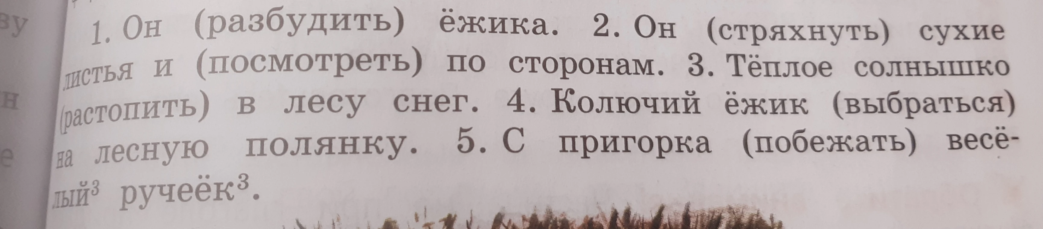 1. Он (разбудить) ёжика. 2. Он (стряхнуть) сухие листья и (посмотреть) по сторонам. 3. Тёплое солнышко (растопить) в лесу снег. 4. Колючий ёжик (выбраться) на лесную полянку. 5. С пригорка (побежать) весёлый ручеёк.