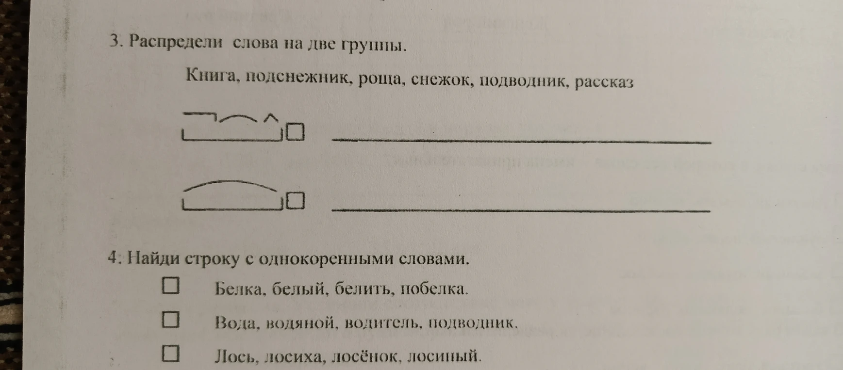 3. Распредели слова на две группы. Книга, подснежник, роща, снежок, подводник, рассказ
