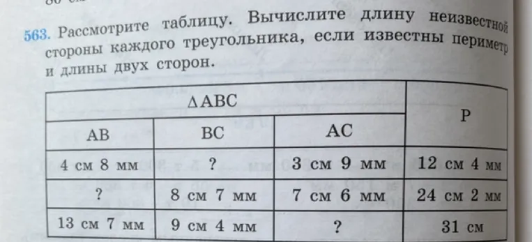 563. Рассмотрите таблицу. Вычислите длину неизвестной стороны каждого треугольника, если известны периметр и длины двух сторон.