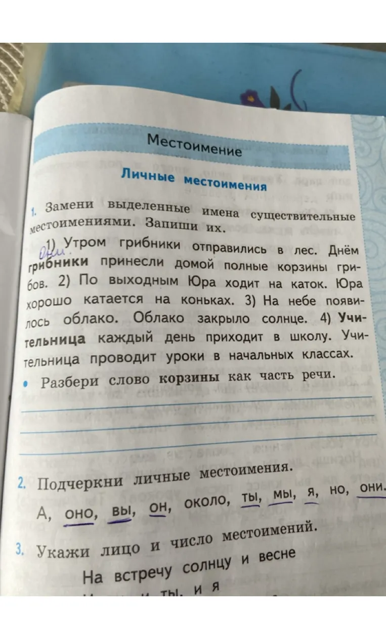 1. Замени выделенные имена существительные местоимениями. Запиши их.