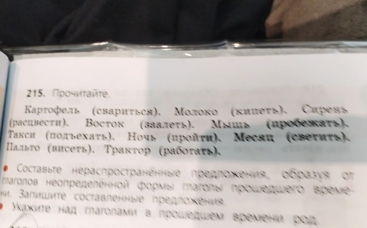 215. Прочитайте. Картофель (свариться). Молоко (кипеть). Сирень (расцвести). Восток (заалеть). Мышь (пробежать). Такси (подъехать). Ночь (пройти). Месяц (светить). Пальто (висеть). Трактор (работать).